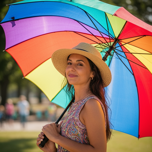 A woman in a hat stands in front of a colorful umbrella.