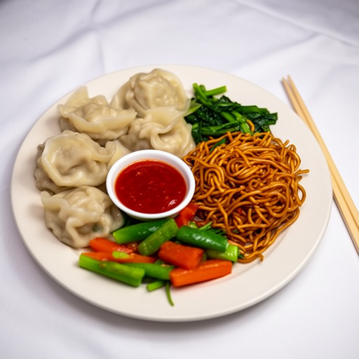 A plate of Chinese food with dumplings, noodles, and vegetables.