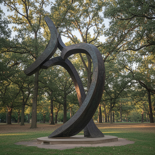 An open air sculpture with trees in the background.