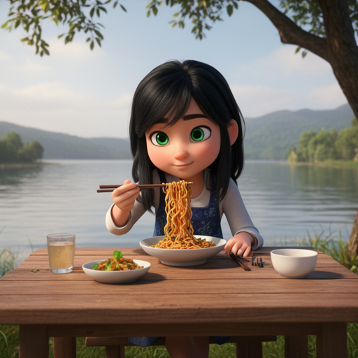 An animated young girl with green eyes and black hair eating noodles at an outdoor table.
